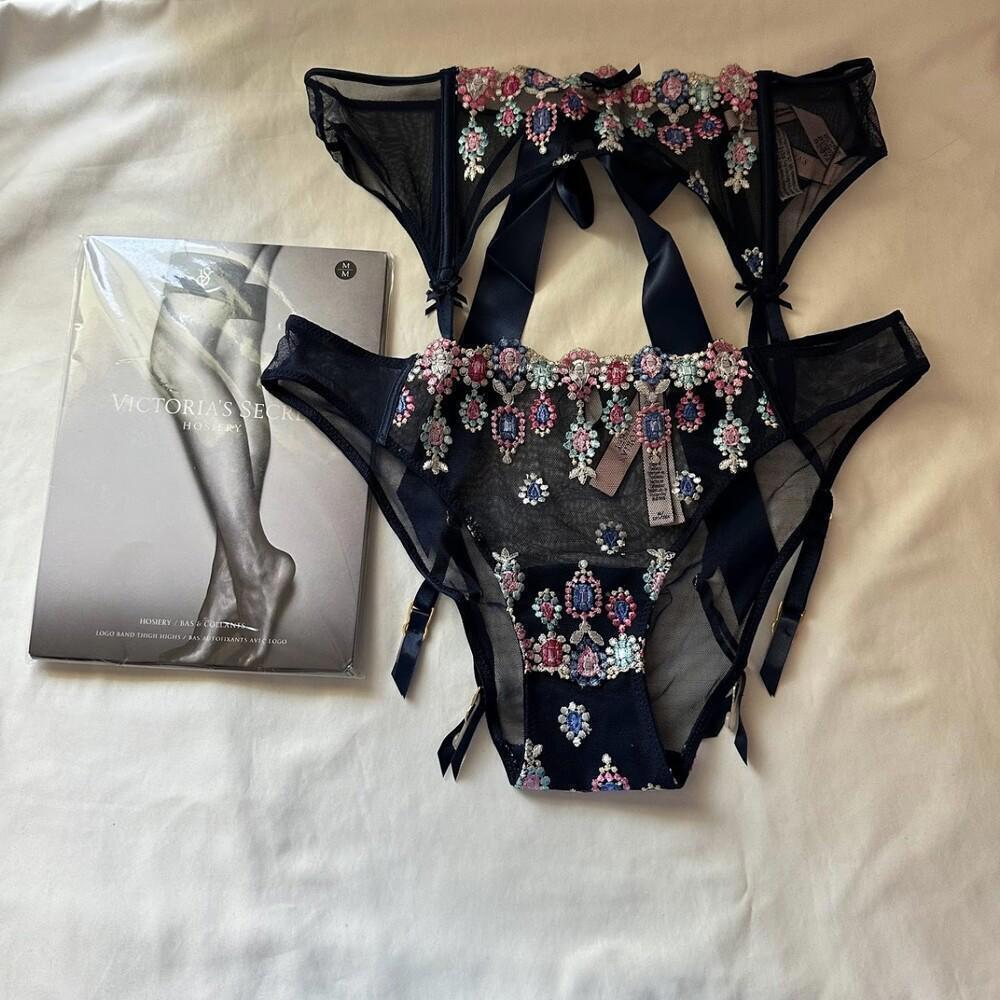 Victoria's Secret Bejeweled Embroidery Garter and Panty